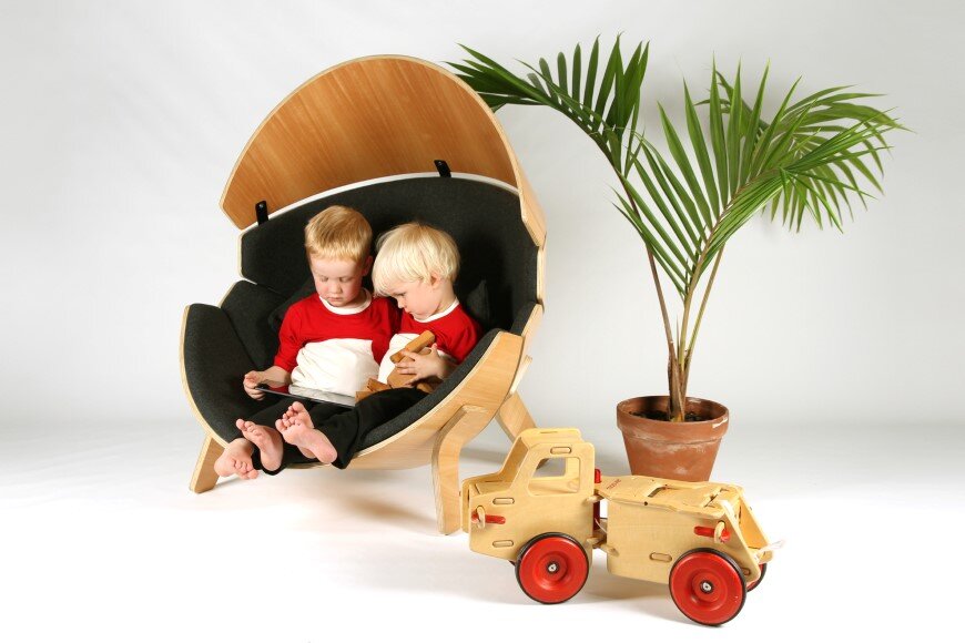 Hideaway Chair – a bent ply wood and upholstered children’s chair
